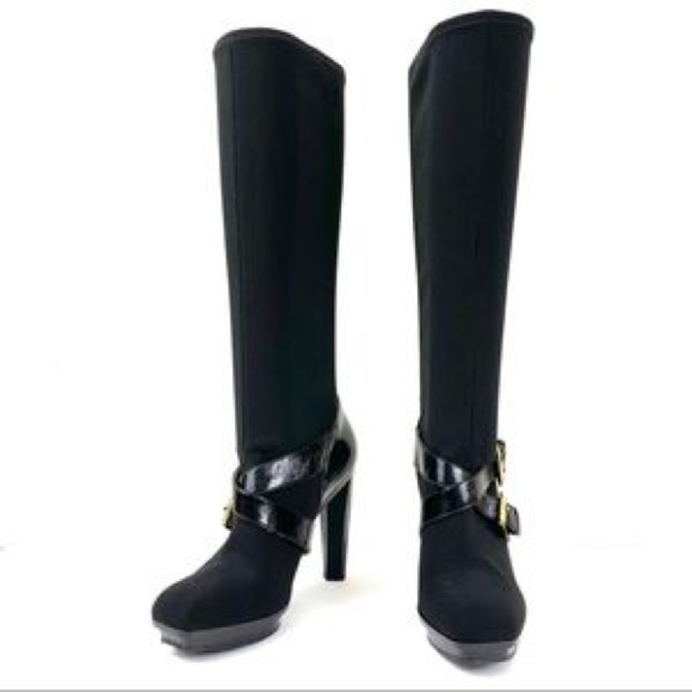 Michael Kors Allister Gold Buckle Patent Leather Stretch Boots